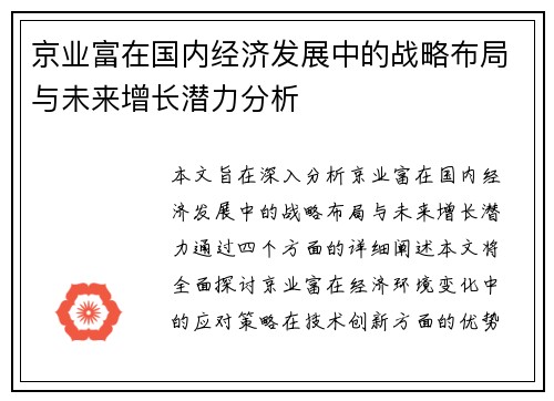 京业富在国内经济发展中的战略布局与未来增长潜力分析