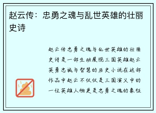 赵云传：忠勇之魂与乱世英雄的壮丽史诗